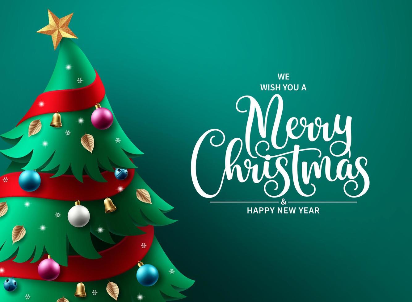 merry christmas greeting text background design christmas pine tree element with colorful xmas ornaments for holiday season card decoration in green background illustration vector